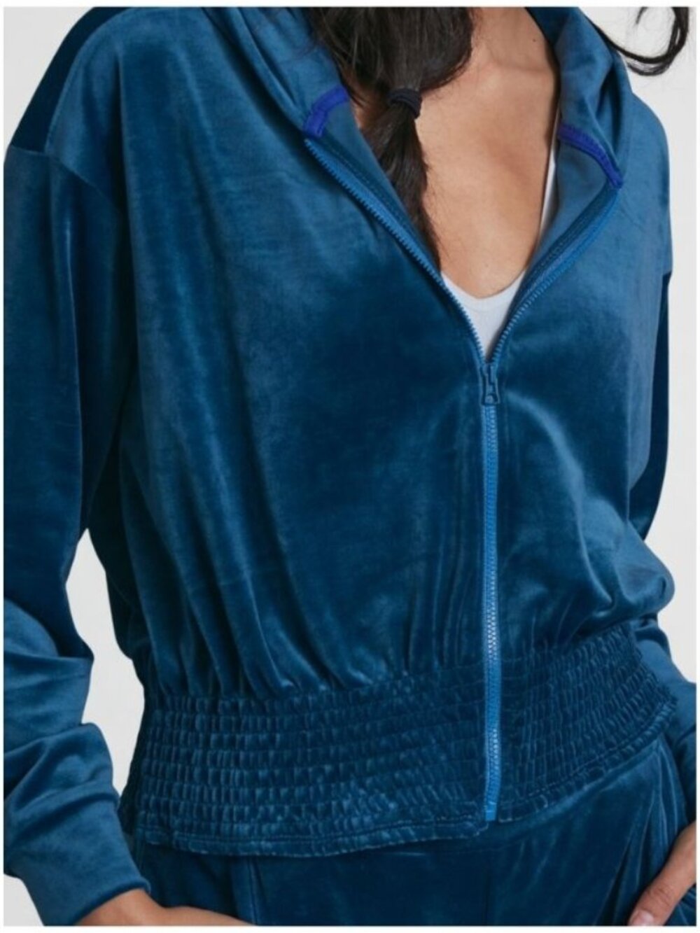 Anthropologie Catie Cropped Velvet Zip-Up Hoodie Long Sleeve Blue Size XL